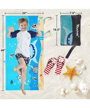 Kids Beach Towel - Super Absorbent Quick Dry Microfiber - Cute Shark Design - 24''x 48'' - 300GSM Thick Soft - Sand Free - Ideal for Beach, Pool, Swim, Bath, Travel, Picnic, Camping - Boys and Girls - Buy Online on SooperMarket.com