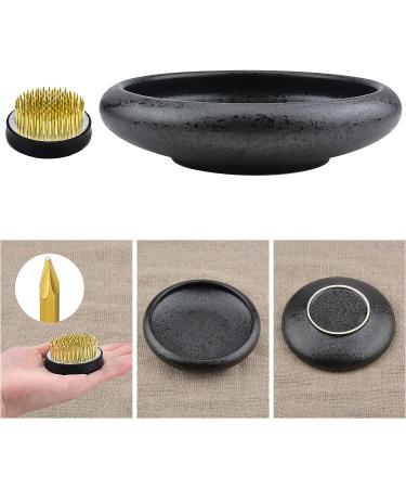 CRAFFANCY Deep Round Ceramic Ikebana Flower Vase with 5cm Kenzan Flower Frog - Black Spotted | Flower Arrangement Supplies for Home Decoration - Buy Online on SooperMarket.com
