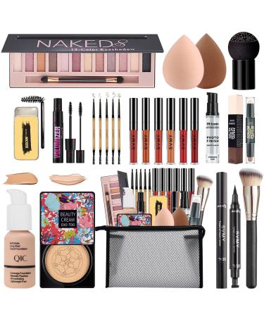 All in One Makeup Kit for Women Full Kit 12 Colors Eyeshadow Foundation & Primer CC Cream Lipsticks Mascara Makeup Brush & Sponge Brow Pencil & Soap Eyeliner Contour Stick Cosmetics Bag Beige Foundation & Natural CC