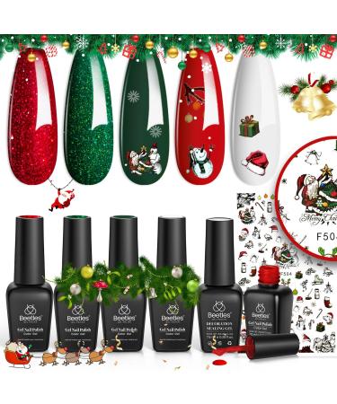Beetles Christmas Gel Nail Polish Set- Christmas 5 Colors Sparkle Red Green Gel Polish Kit Soak Off LED Gel Nail Kit Manicure Gift with Nail Strengthener Gel and Stickers Nail Art Gifts for Women Christmas-Happy Holidays