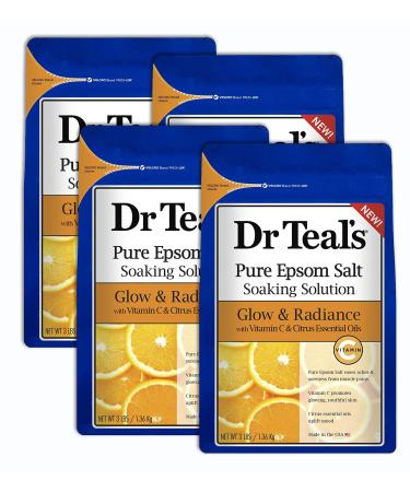 Dr. Teal's Vitamin C & Citrus Salt Bath Gift Set (4 Pack 3lbs Ea.) - Glow & Radiance Vitamin C & Citrus Oils Blended with Pure Epsom Salt - Promote Glowing Youthful Skin at Home