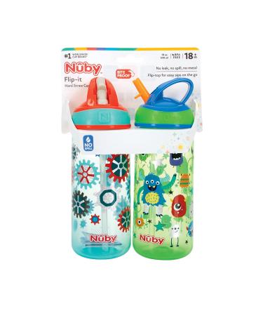 Nuby 2 Pack Iridescent Flip-it Kids On-The-Go Printed Water Bottle with Bite Proof Hard Straw - 18oz / 540 ml 18+ Months 2 pk Prints May Vary Colors May Vary - Buy Online on SooperMarket.com