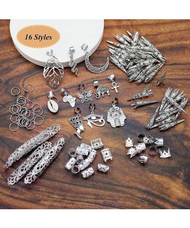 Dreadlocks Locs Jewelry Set - 107 Pieces Stainless Steel Clips & Charms for African Braids, Adjustable Hair Cuffs - Butterfly, Shell, Leaf, Snake, Moon, Cross - Silver Dreadlock Accessories - Buy Online on SooperMarket.com