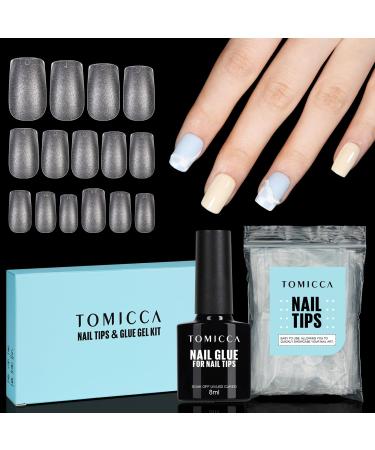 TOMICCA Nail Extension Kit Nail Tips and Glue Gel Kit 4 In 1 Nail Glue and Base Gel with 150Pcs Short Square Nails DIY Nail Art Acrylic Nail Kit Easy Nail Extension Set Gifts for Women Girls Short Square Nail Kit