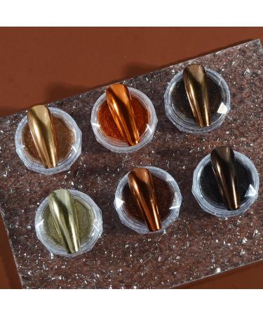 Chrome Nail Powder Set 6 Maillard Colors Metallic Brown Chrome Nail Powder Mirror Effect Brown Pigment Chrome Powder Manicure Nail Glitter Dust with Sponge Applicators