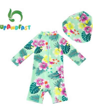 UPF 50+ Baby Girl One Piece Swimwear with Sun Hat | Toddler Swimsuit Set | Green Flower | 3-6 Months - Buy Online on SooperMarket.com