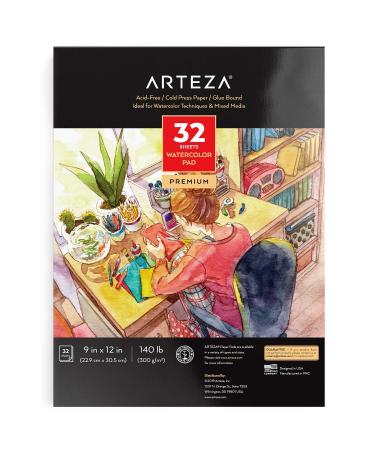 Arteza 9"x12" Watercolor Pad, 32 Sheets, 140lb/300gsm, Glue Bound, Cold Pressed, Acid Free Watercolor Paper Pad, Art Supplies for Wet, Dry & Mixed Media 32 Shets