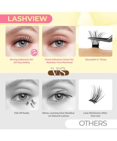 LASHVIEW Self Adhesive Lash Clusters - 60pcs DIY Eyelash Extension Kit | Press-on Lashes 10-16mm with Tweezers No Glue Needed for Natural Look - Buy Online on SooperMarket.com