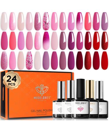 Modelones 24 Pcs Gel Nail Polish Kit, Hot Pink Gel Nail Polish Set Pastel Paradise Girly Nail Polish Red Glitter Soak Off Gel Nail Kit with Bond Primer Glossy & Matte Top Coat Base Coat Nail Art Gifts Sweet