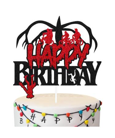 Wrilicyoki Stranger Birthday Cake Topper Man Kids Boy Girl Happy Birthday Cake Décor for Cartoon Themed Birthday Party Supplies Black Glitter Decor