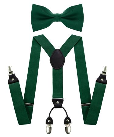 JEMYGINS Men's Suspenders with Four Clips and Elastic Back Strap including Bow Tie Set Dark Green