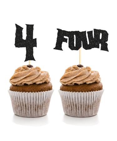 Sumerk 24PCS 4th Birthday Cupcake Toppers Black Glitter Happy 4th Cake Decorations for 4th Birthday Wedding Anniversary Party Decoration Supplies