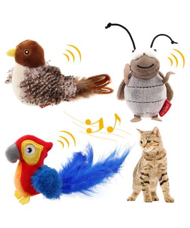 Gigwi automatic cat toy set interactive cat toys electronic squeakers bird/cricket/red parrot cat toys for inside cats boredom 3 pieces bird + cricket + red parrot