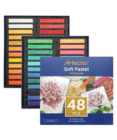 Artecho 48 Premium Soft Pastels 46 Colors Including 4 Fluorescent Colors Extra Free Black & White Square Chalk for Drawing Blending Layering Shading Pastels Art Supplies for Kids Beginners 1 Count (Pack of 48)