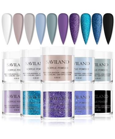 Saviland Acrylic Powder Set - 10 Colors Acrylic Nail Powder Glitter Brown White Grey Black Professional Colored Acrylic Polymer Powder for Nail Extension No Nail Lamp Needed Office Lady