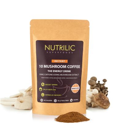 NUTRILIC 10 Mushroom Coffee (40 Servings)- Instant Arabica with Micro Ground Coffee blend with Lions Mane Chaga Cordyceps Reishi Maitake Shiitake Black Fungus Tremella Ginseng Extract