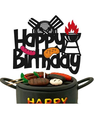 Barbecue Cake Topper for BBQ Sausage Roti Grill Cooking Theme Happy Birthday Cake Decorations Kids Boy Girl Bday Party Handmade Double Side Glitter Black Supplies Decor