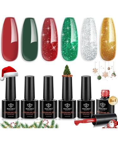 Modelones Builder Nail Gel Set 6 Colors Builder Gel 8-in-1 Sparkle Green Glitter Gold Silver Builder Nail Gel Polish Dark Green Dark Red Gel Builder Christmas Day Gifts for Women Green Red