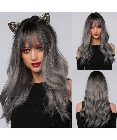 Kellynee ombre dark gray wig with pony - long corrugated gray wigs for women black roots realistic art hair best natural wigs for everyday/halloween/party/cosplay