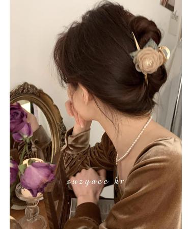 Fuyunohi 2 Pack Large Flower Claw Metal Barrettes | White+Champagne Mesh Rose Hair Clips for Women | Stylish Hair Accessories for Thick Hair - Buy Online on SooperMarket.com