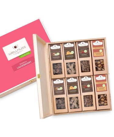 Wellnuss "Ladiesnight"-Premium gift set for women i vegan | nut snacks I gift idea for women girlfriend mother (8 snacks in the birch wood box caramelized nuts (vegan)) caramelized nuts (vegan) 8 snacks in the birch wood box