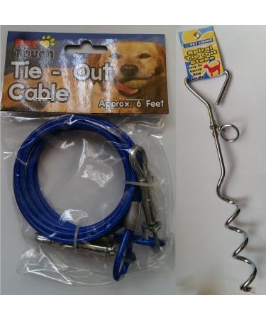 Dog 6ft Garden Tie Out Cable Pet Lead Strong Wire with Spiral Ground Stake Spike (Blue)