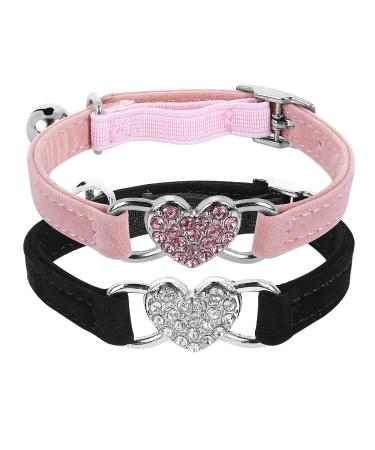 Cobee Bling Heart Cat neck band with bell adjustable kitten neck band with seat belt rhinestone pet collapse for small cats and dogs (pink) (black+pink)