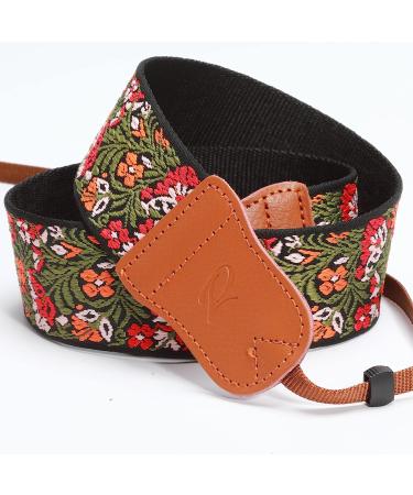 Green Flower 2'' Wide Adjustable Camera Strap for DSLR/SLR - Double Layer Cowhide Ends, Pure Cotton Embroidered Woven Strap - Universal Neck & Shoulder Strap for Photographers - Buy Online on SooperMarket.com