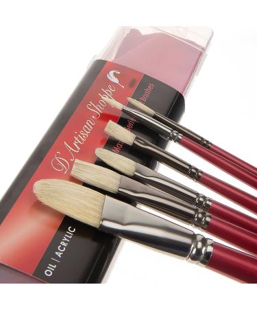 Oil Acrylic Paint Brushes Set. 100% Natural Chungking Hog Hair Bristle in Portable Organizer Plastic Container. 6pc Filbert Flat and Round Paintbrush Gift Kit.