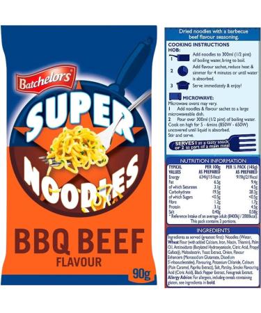 Bachelors Super Noodles Instant Snack Variety Pack: Bacon Chicken BBQ Beef and Curry Flavour 90g Each bundled with Reusable Bamboo Chopsticks - Buy Online on SooperMarket.com