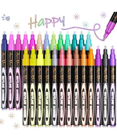 Aen Art Double Line Outline Pens, 26 Colors Shimmer Outline Marker Set, Self-Outline Metallic Markers. Perfect for Doodling, Drawing and Calligraphy