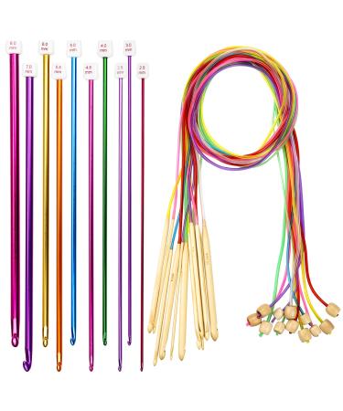 23 Pieces Tunisian Crochet Hooks Kit Including 12pcs 3-10 mm Bamboo Knitting Needle with Bead Carbonized Bamboo Needle + 11pcs 2-8 mm Multi Color Tunisian Afghan Aluminum Crochet Hooks
