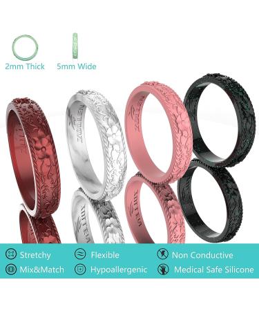 Zollen Silicone Wedding Rings for Women - Flower & Vine Collection 7 Pack - Black, Marble, Metallic Bordeaux, Pink - Size 7-7.5 (17.3mm) - Buy Online on SooperMarket.com