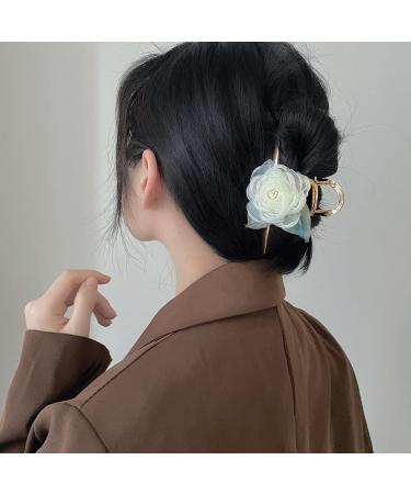 Fuyunohi 2 Pack Large Flower Claw Metal Barrettes | White+Champagne Mesh Rose Hair Clips for Women | Stylish Hair Accessories for Thick Hair - Buy Online on SooperMarket.com