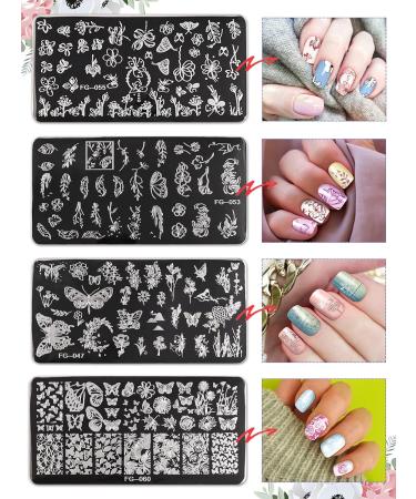 EBANKU 8 PCS Nail Stamping Plates Set - Flowers, Butterflies, Leaves & Ripples | DIY Nail Art Decoration Kit with Rotation Stamper & Scraper - Buy Online on SooperMarket.com