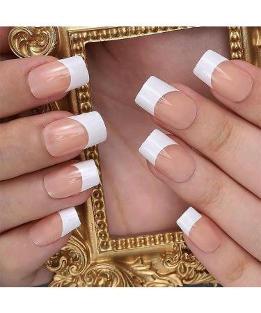 French Tip False Nails 24PCS Medium Square French False Nails Nude White Fake Nails Full Cover Press on Nails with Jelly Glue Stick on Nails for Women Girls Nails Art Medium Square White