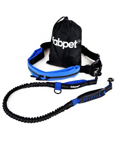 Fabpet Hands Free Dog Lead for Running Walking and Jogging - Strong Dual D-ring Design up to 60kg Adjustable Waist Belt with Integrated Pouch Blue Waist Pouch / Blue Lead Handles