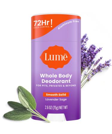 Lume Whole Body Deodorant - Smooth Solid Stick - 72 Hour Odor Control - Aluminum Free Baking Soda Free and Skin Safe - 2.6 Ounce (Lavender Sage)
