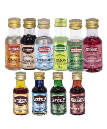 Food Flavouring Essence and Food Colour Bundle Containing 6 Preema Food Flavours/Essences and 4 Food Colours (Peppermint Almond Vanilla and More)