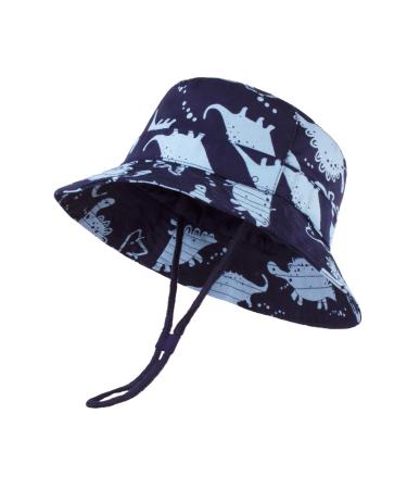 LANGZHEN Beach Sun Protection Hat for Baby Girls Adjustable Toddler Kids Hat Wide Brim Summer Play Hat with Chin Strap Navy - Dinosaur D 2-4 Years