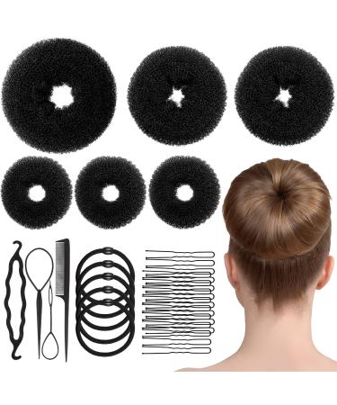 Hair Bun Maker Set 6 PCS  Ring Style Hair Bun Donut (1 L  2 M and 3 S)  Hair Bun Shaper  Hair Accessories with 20 Hair Bobby Pins  5 Elastic Bands and 4 Pony Hair Tools for Women & Girls Kids (Black)
