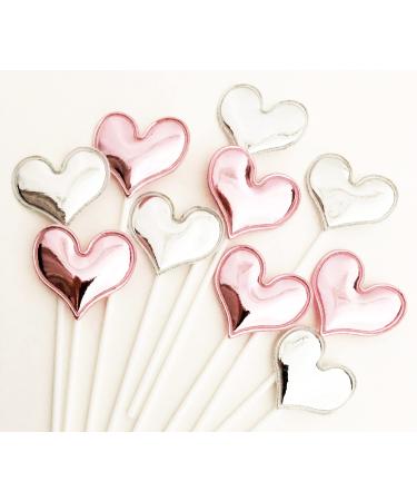 Ailexi handmade 10 leather reflective glitter cake piece for cake cup cake and ice cream - 5 pink and 5 silver heart pink/silver hearts
