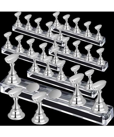 Blulu 6 Sets Nail Tips Stand Holder Acrylic Nail Tips Practice Display Stand Magnetic Nail Holder Manicure Finger Training Stands for DIY Nail Salon (Silver)