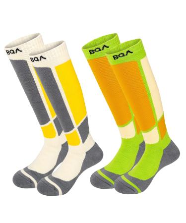 Ski Socks Kids Winter Warm Thermal Snow Socks, 2 Pack Skiing Snowboarding Skating for Toddler Boys and Girls Ivory+green Small