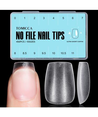 TOMICCA Extra Short Coffin Nail Tips - 450Pcs Full Cover Gel Nail Tips, Soft Acrylic Gel Nail Tips for Nail Extension, 15 Sizes Pre-shaped Double-sided Matte Fake Gel Nail Tips with Box 450pcs-extra short coffin nail tips
