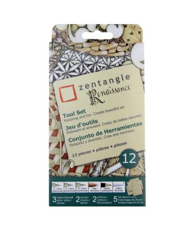 Sakura Zentangle Renaissance Tool Set - 1 Black Micron Pen  2 Brown Micron Pens  1 White Charcoal Pencil  1 Black Graphite Pencil  2 Tortillions  5 3.5 Tan Paper Tiles - Tan Zentangle Tiles - 12 Piece Set Renaissance Ti...