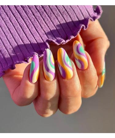 24 Pcs Colorful Candy Swirl Stiletto Press On Nails with Glue - Luvehandicraft - Buy Online on SooperMarket.com