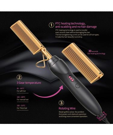 Ceramic Electric Hot Comb Hair Straightener - 3-in-1 Curling Iron for Natural Black Hair, Beard, Wigs - Holiday Gift - Gold - Buy Online on SooperMarket.com