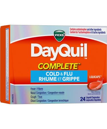 Vicks DayQuil COMPLETE Cold and Flu LiquiCaps Medicine Non-Drowsy Daytime Multi-Symptom Relief for Cough Congestion Fever Sore Throat Pain 24 Count 24 Count (Pack of 1) - Buy Online on SooperMarket.com