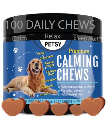 Calming Treats For Dogs NATURAL Chews with ORGANIC Chamomile Hemp Seed Powder Valerian Root Passion flower Suntheanine & meltonin DUCK Flavour Soft Chews (1 Tub)